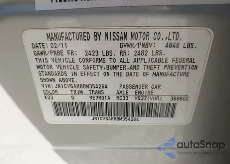 2011 Infiniti G37X z USA, uszkodzony, nr VIN JN1CV6AR8BM354264